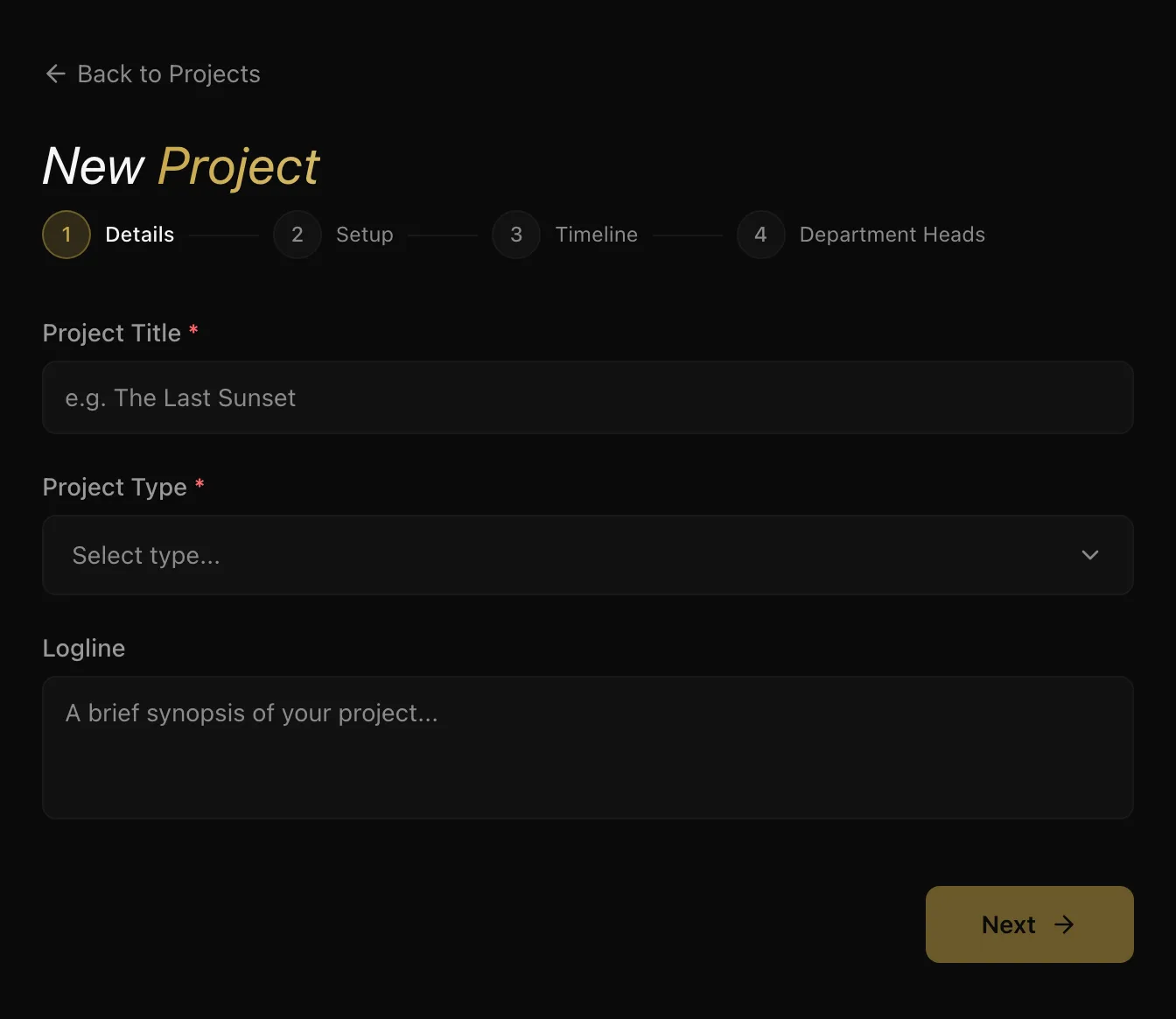 The Details step of the New Project wizard, with empty Project Title, Project Type and Logline fields