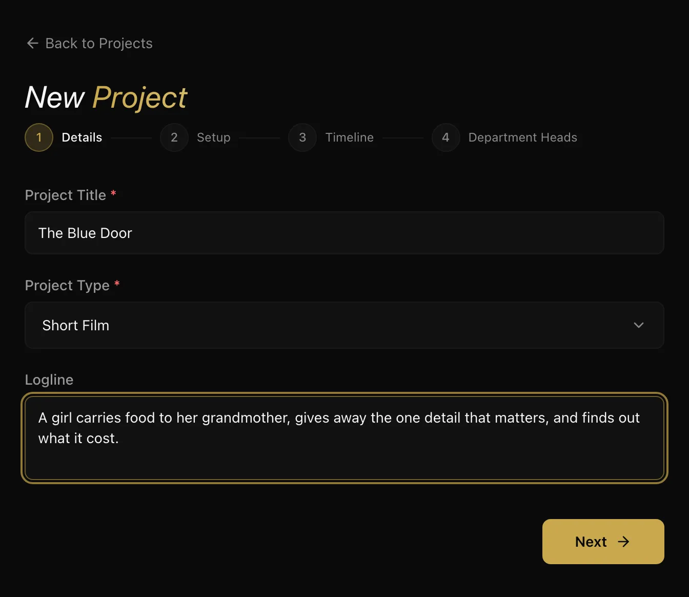 The Details step filled in with a title, type of Short Film and a one-sentence logline