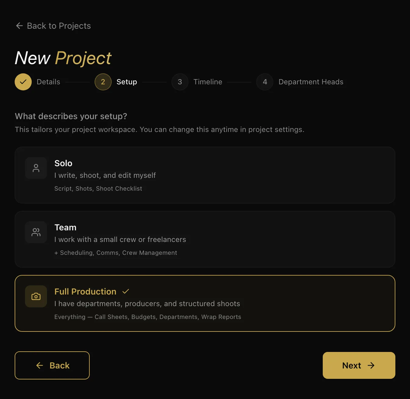 The Setup step offering Solo, Team and Full Production as the scale of the project