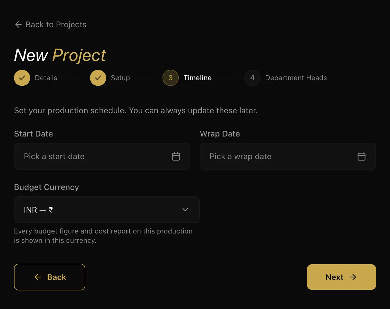 The Timeline step with optional start and wrap dates and a budget currency selector