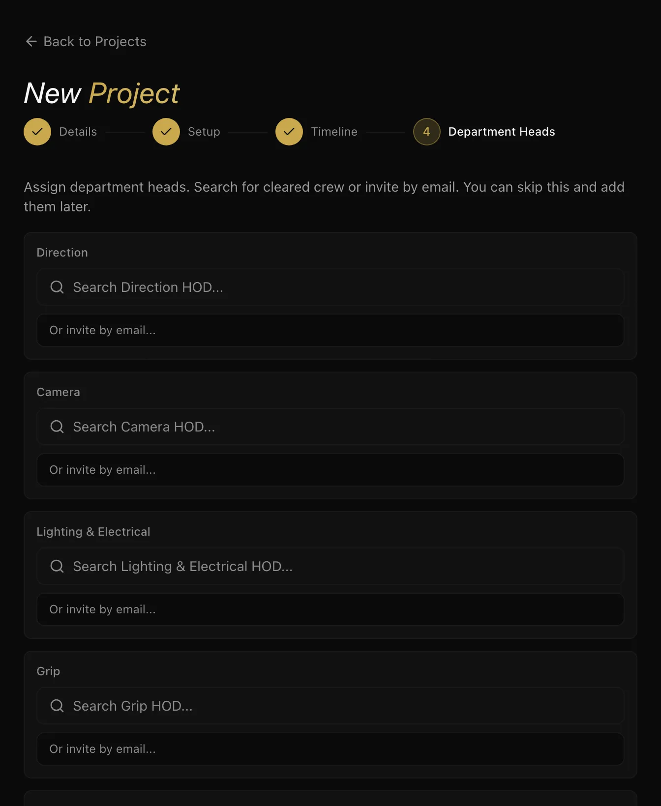 The Department Heads step, listing departments with a search field to assign a head to each