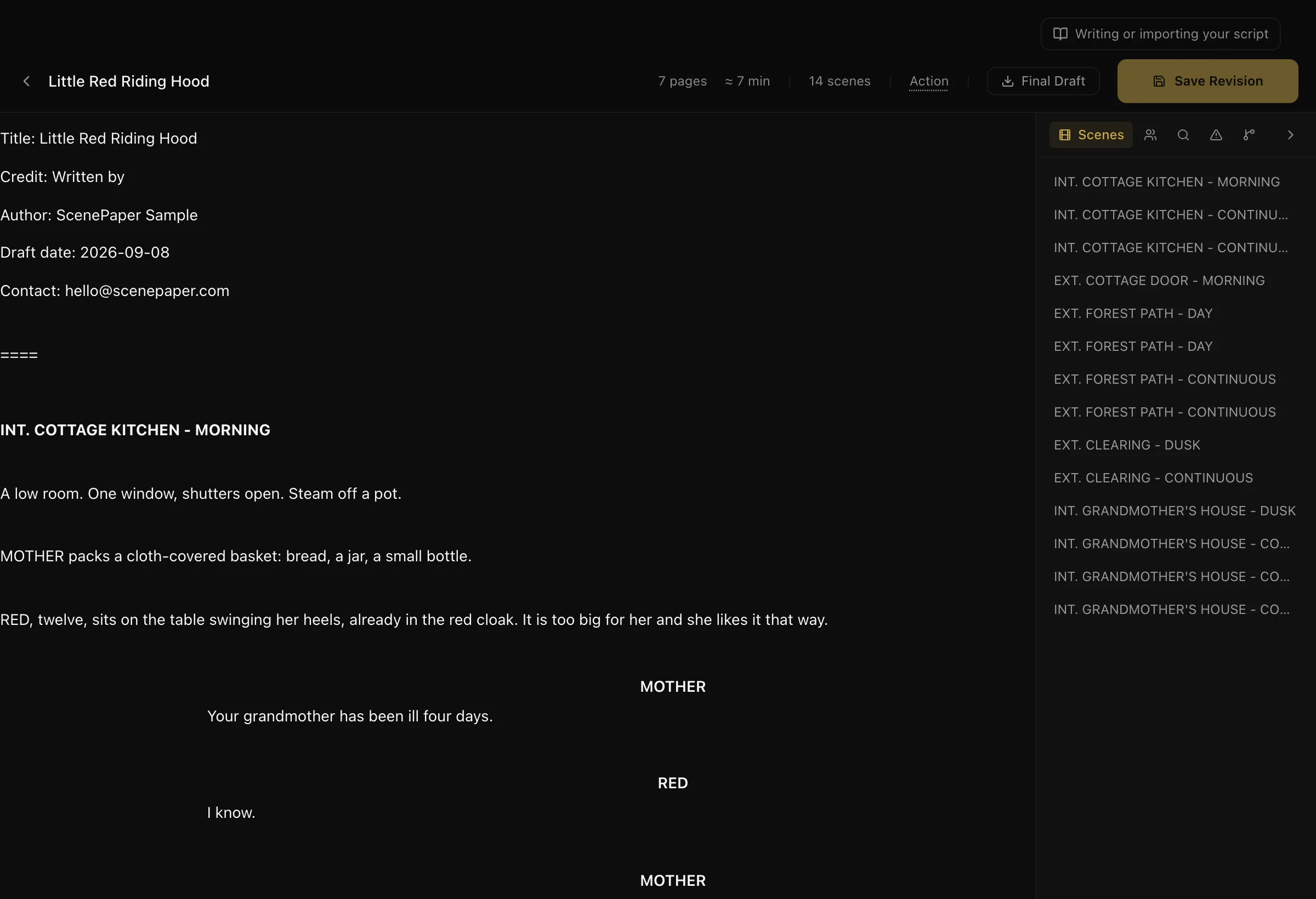 The Writers' Room editor with a screenplay formatted into scene headings, action and dialogue