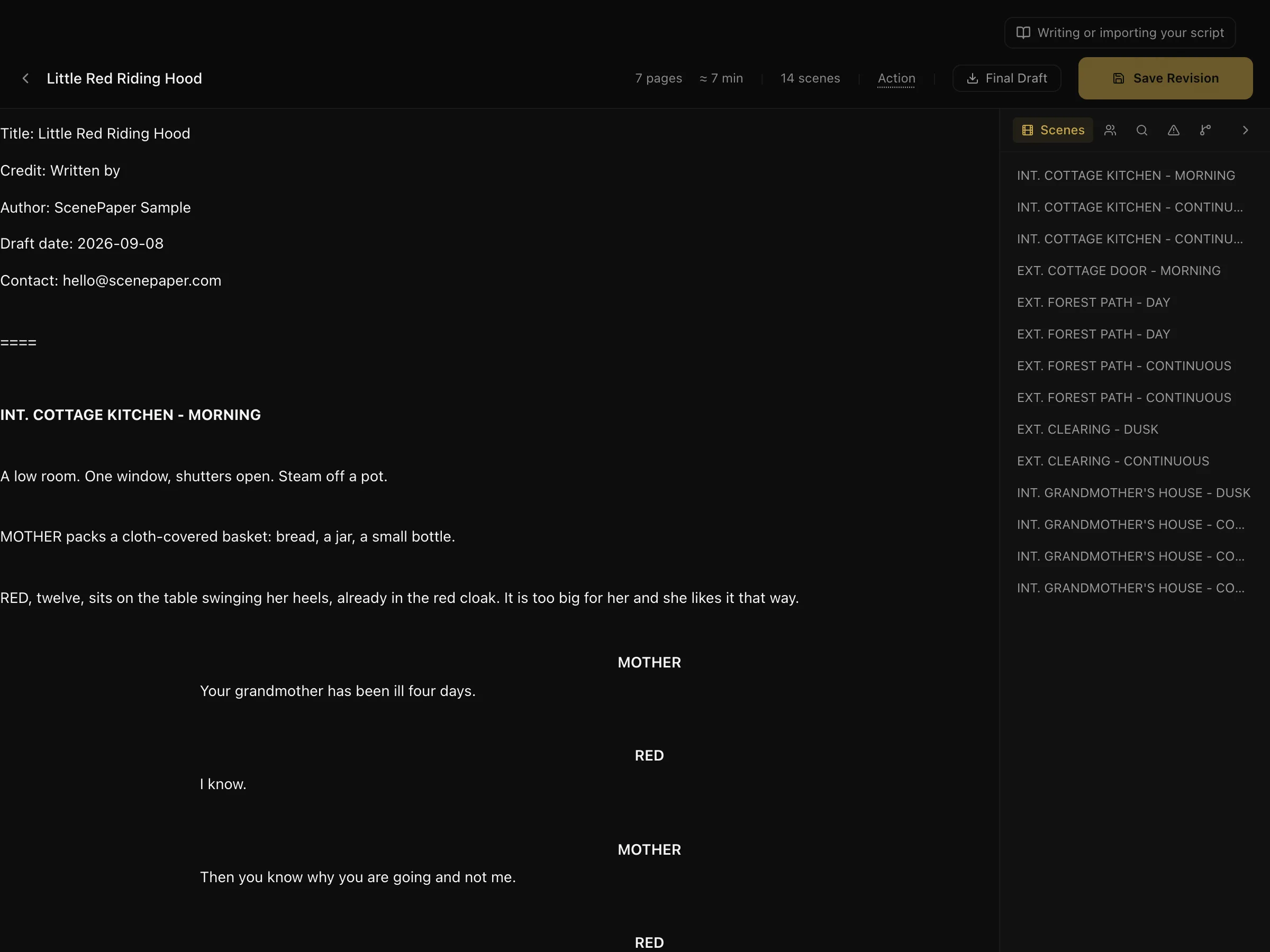 The screenplay editor with formatted scene headings, action and dialogue, and the scene panel on the right