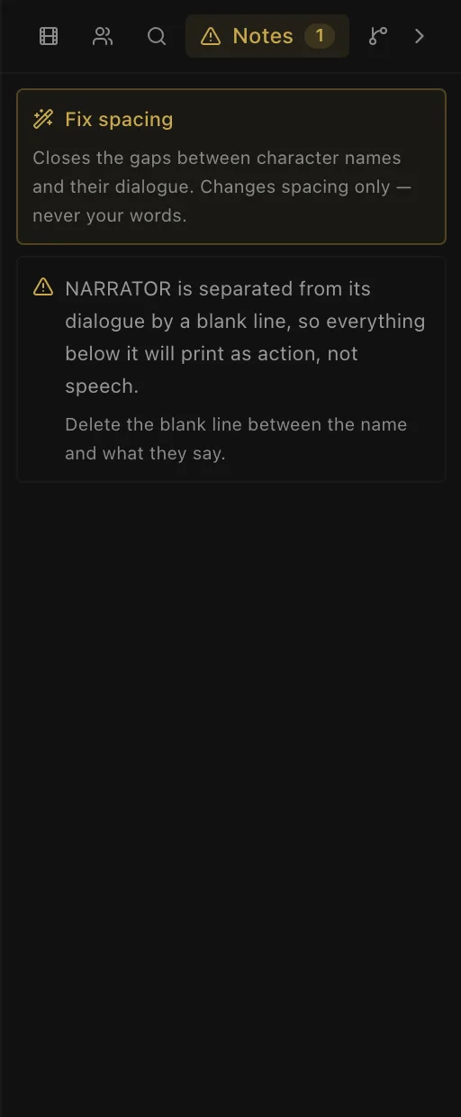 The Notes tab showing a Fix spacing button and a warning that a cue is separated from its dialogue