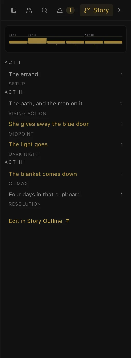 The Story tab showing acts, beats with scene counts, and turning points highlighted