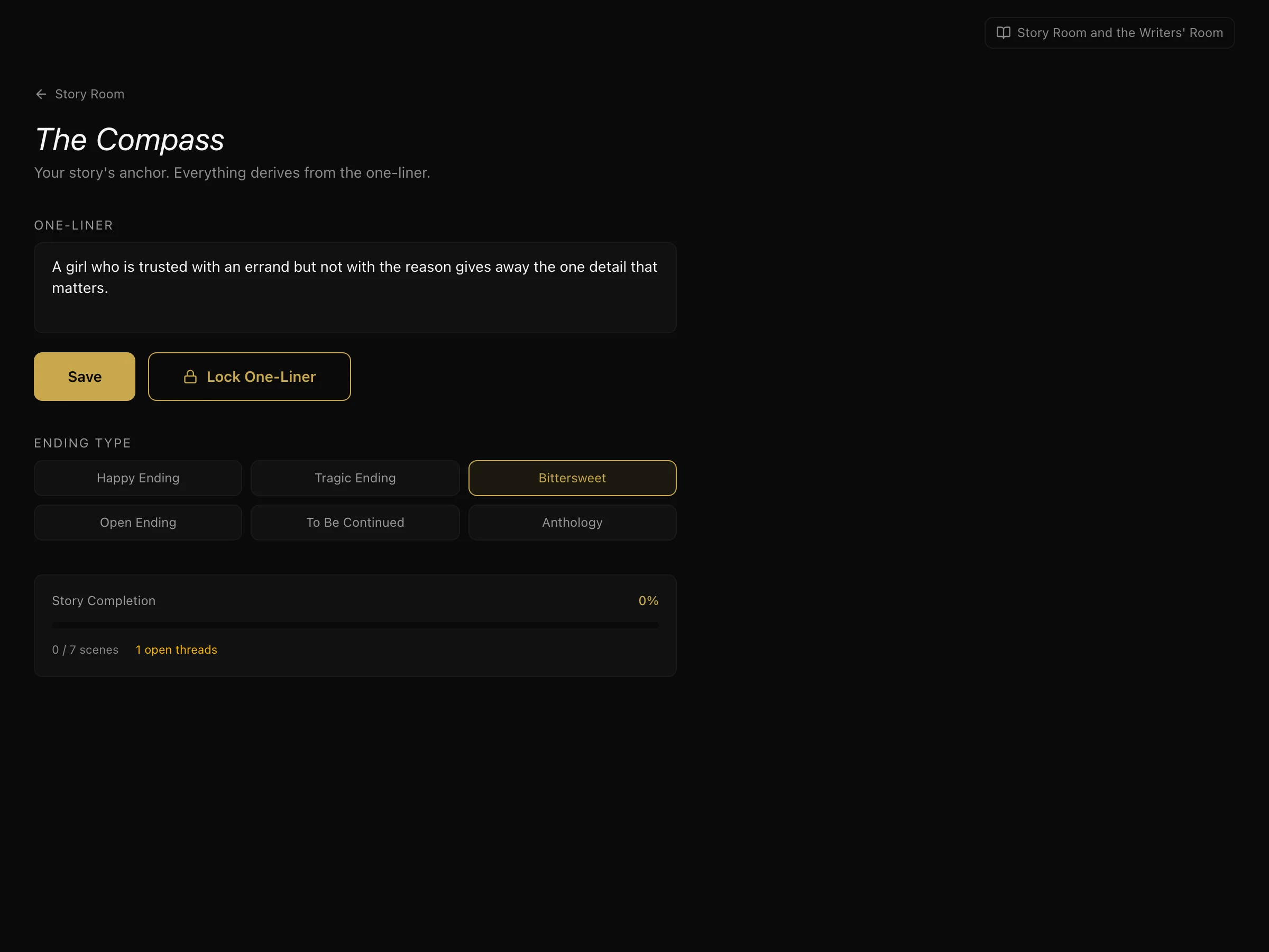 The Compass, with the one-liner field, a lock button and the ending-type choices